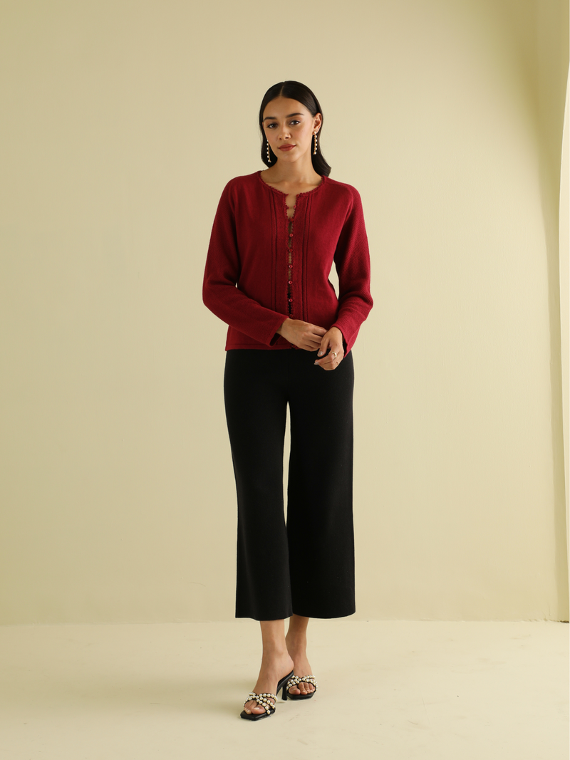 Lace Knit Button-Down Cardigan in Maroon
