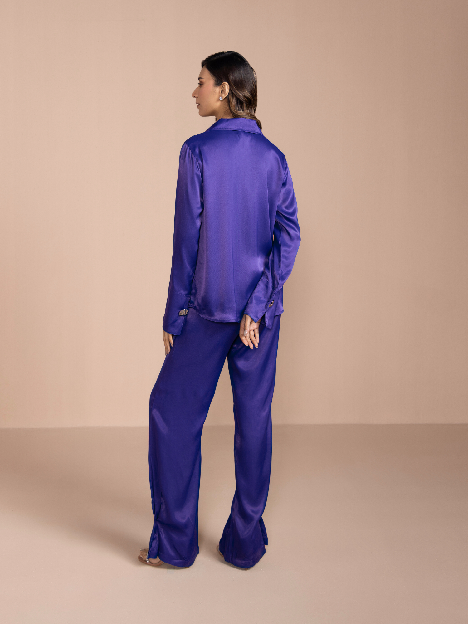 Button Embellished Satin Shirt in Mystic Blue
