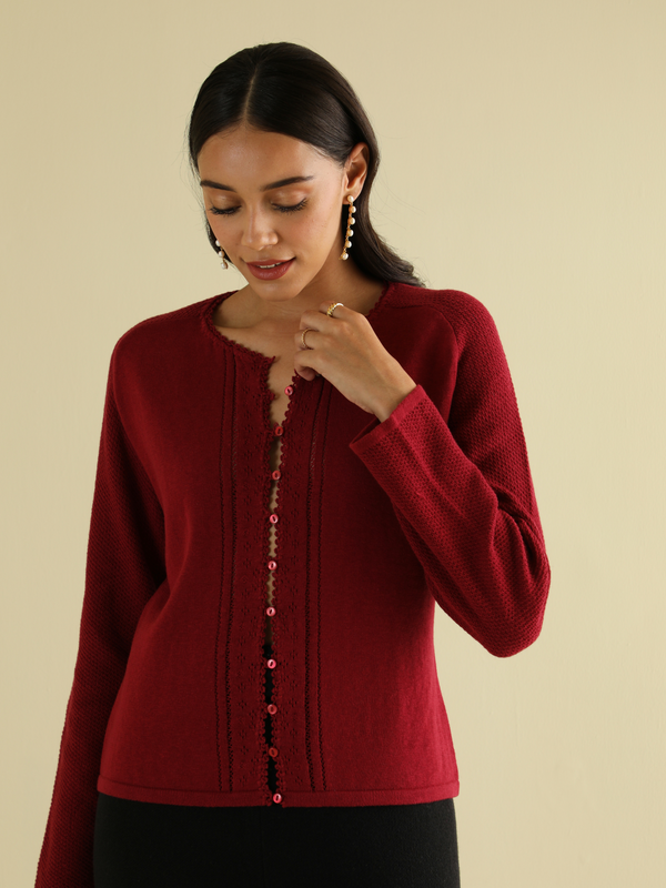 Lace Knit Button-Down Cardigan in Maroon