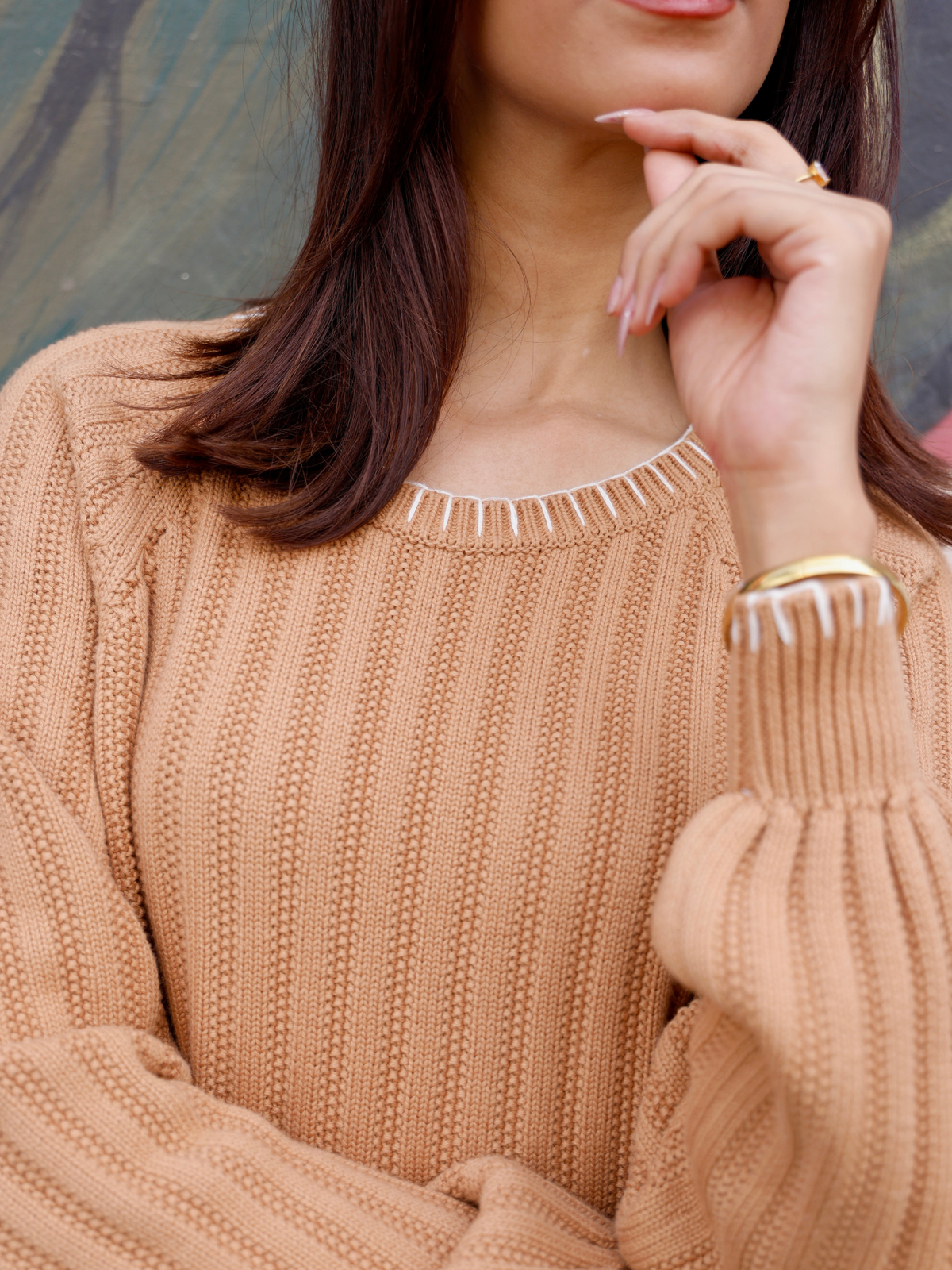 Round Neck Knitted Dress with Blanket Stitch in Mocha