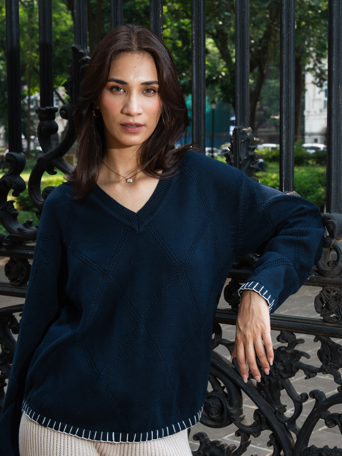 V Neck Pullover with Blanket Stitch in Navy Blue