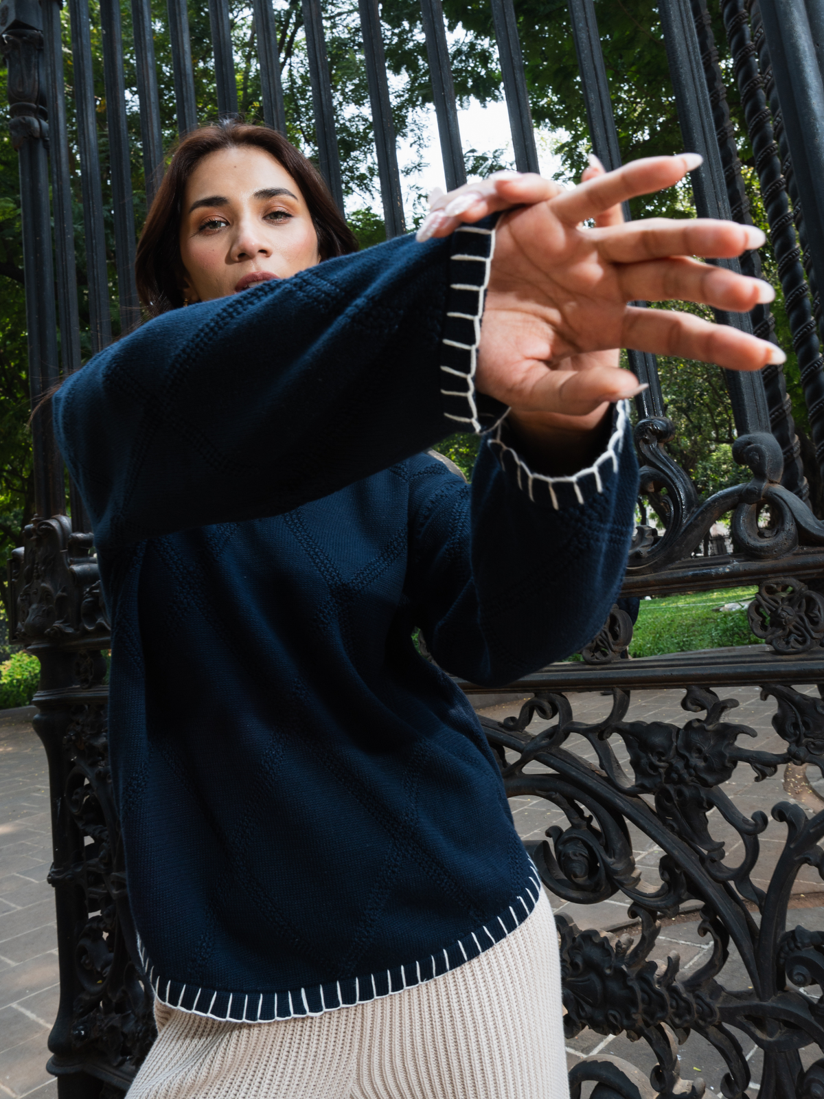 V Neck Pullover with Blanket Stitch in Navy Blue