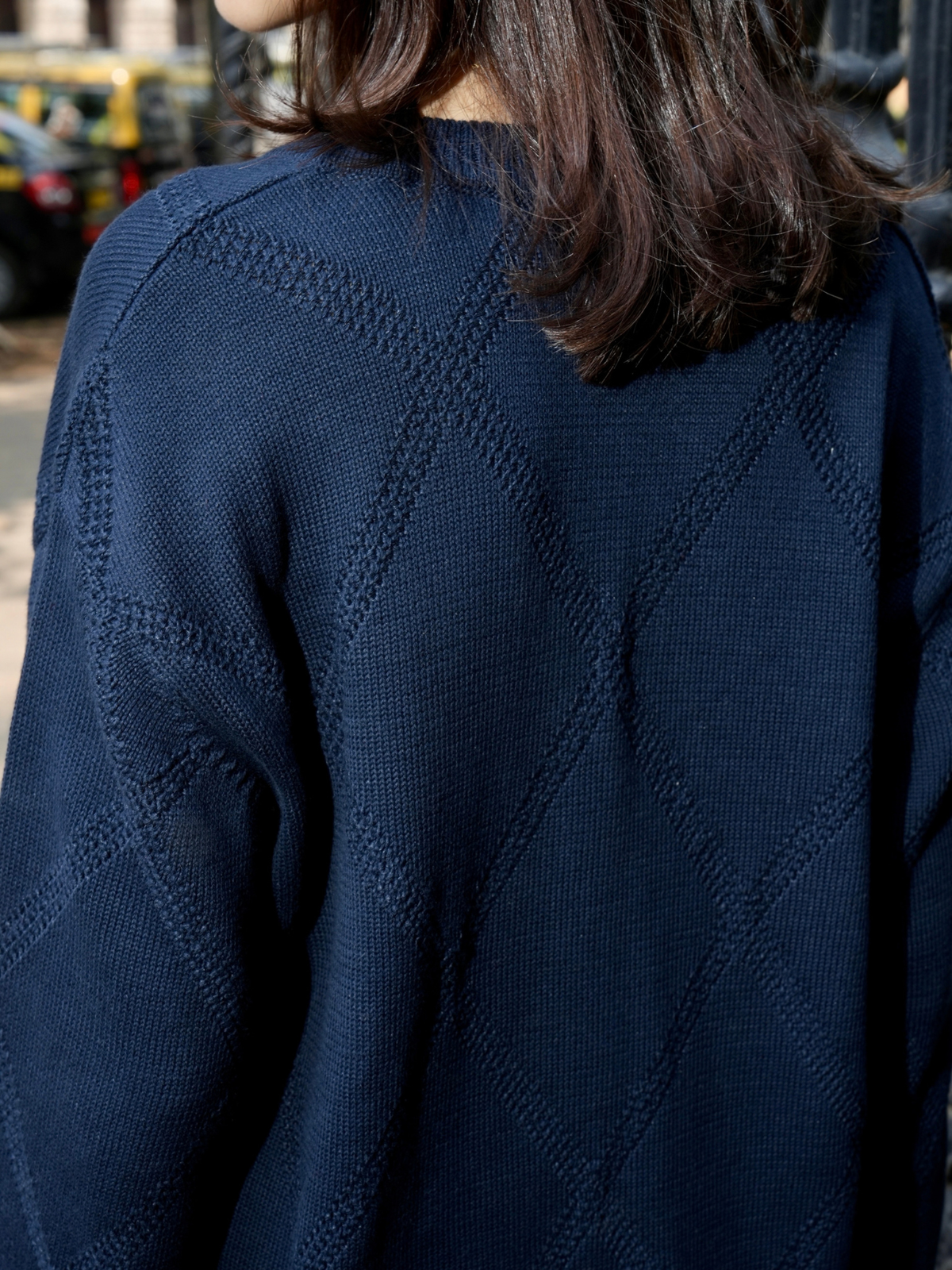 V Neck Pullover with Blanket Stitch in Navy Blue
