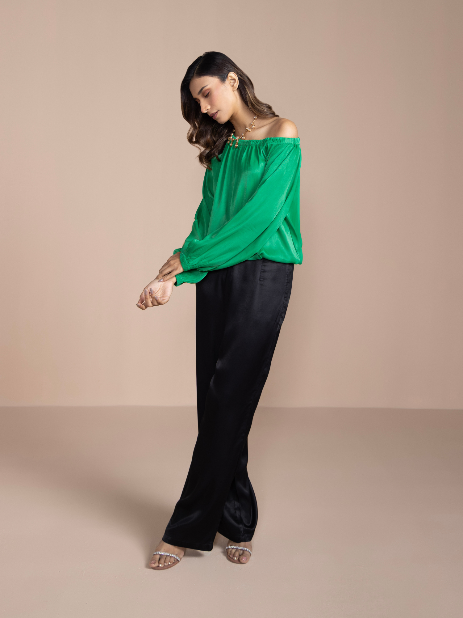 Asymmetrical Satin Blouse in Dark Green