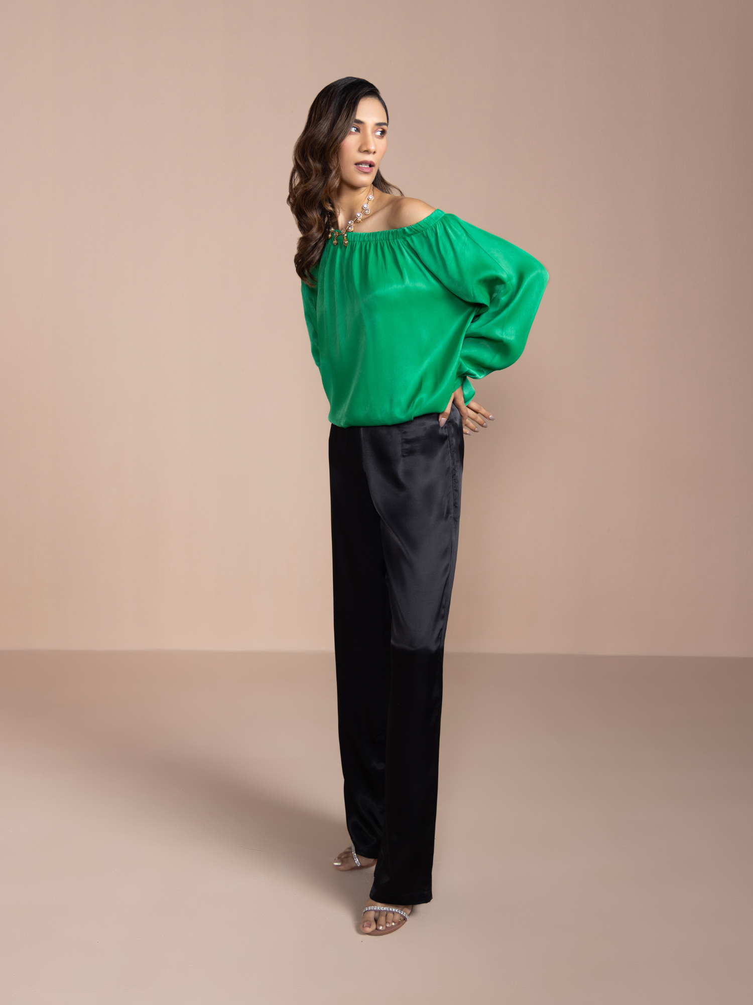 Asymmetrical Satin Blouse in Dark Green