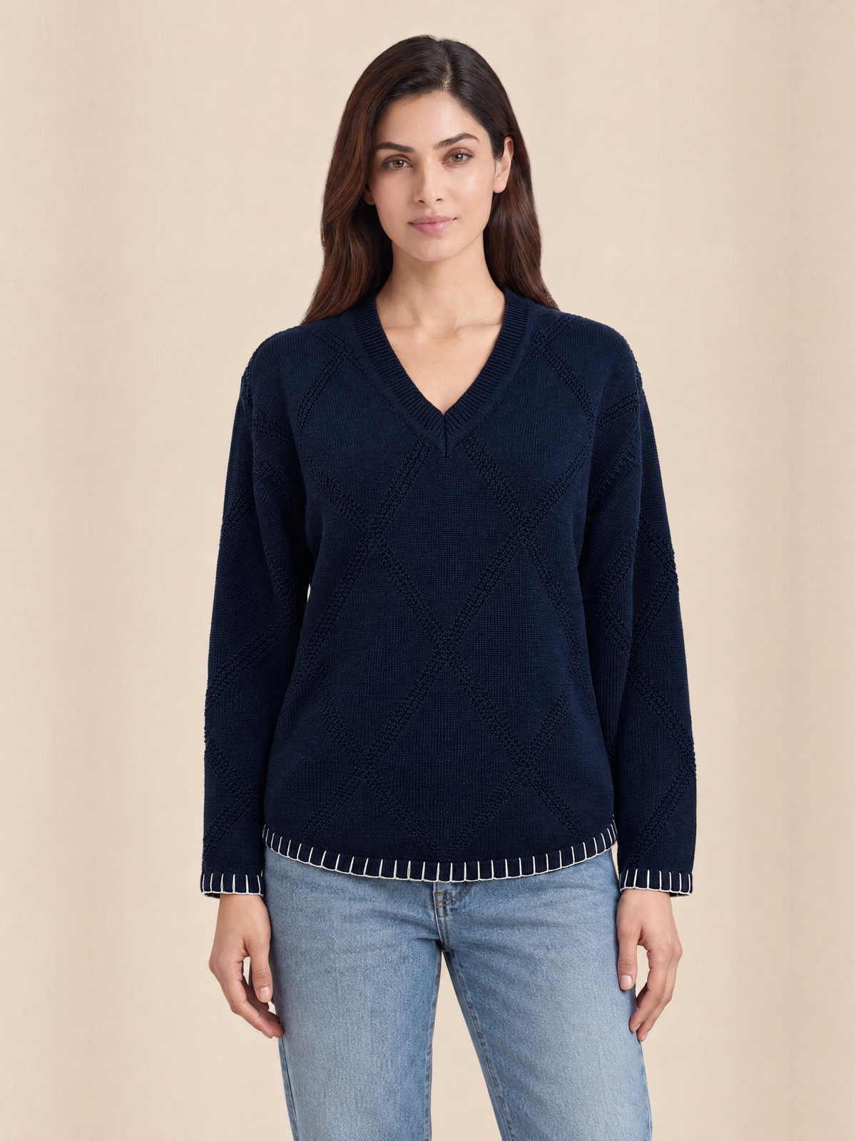V Neck Pullover with Blanket Stitch in Navy Blue