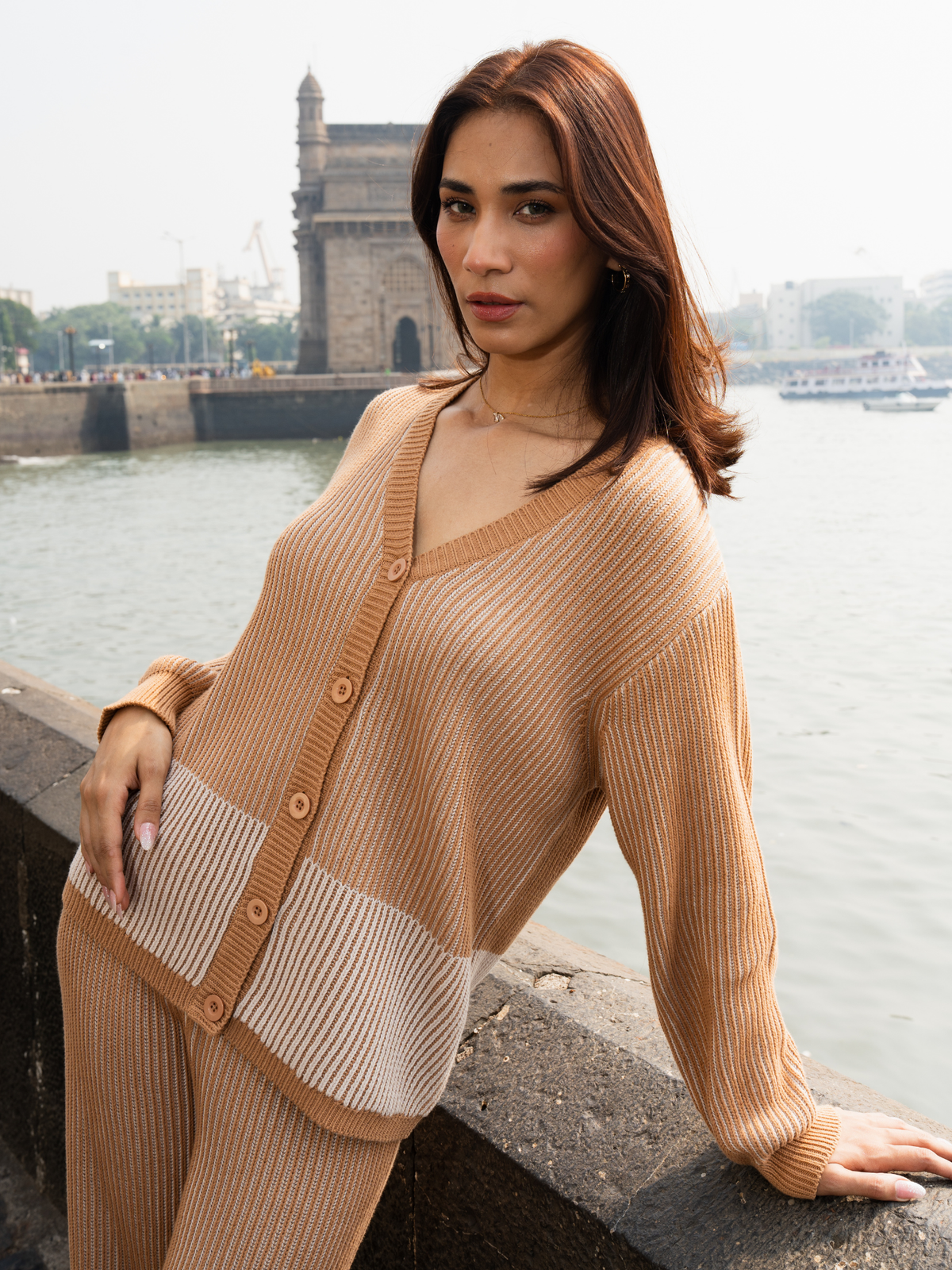 Ribbed Button Down Cardigan with Pants in Mocha