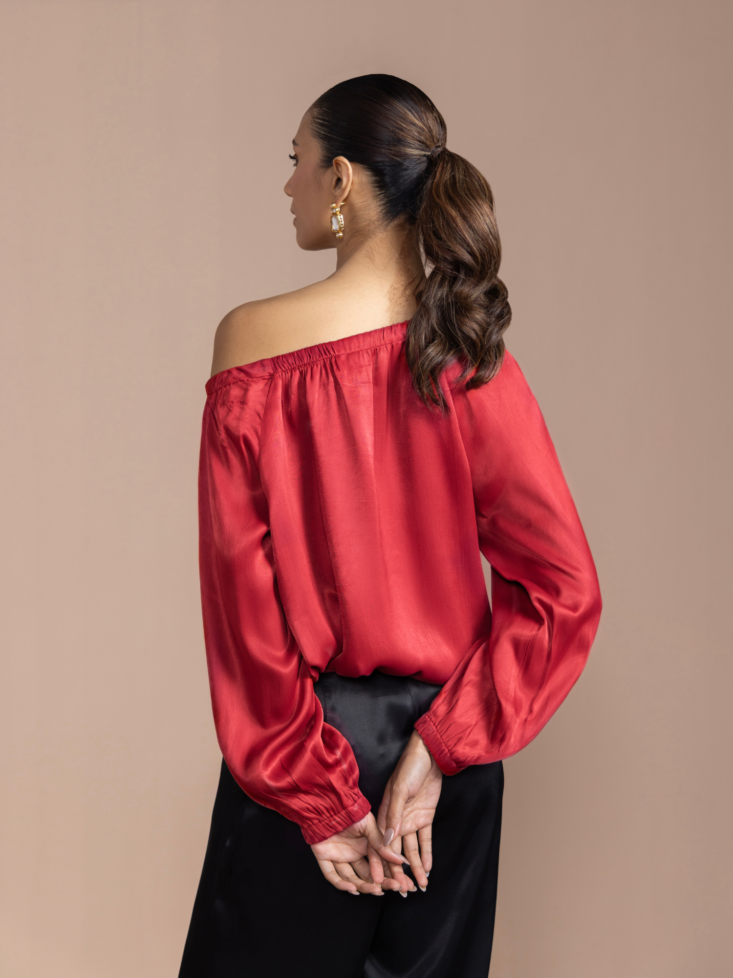 Asymmetrical Satin Blouse in Maroon