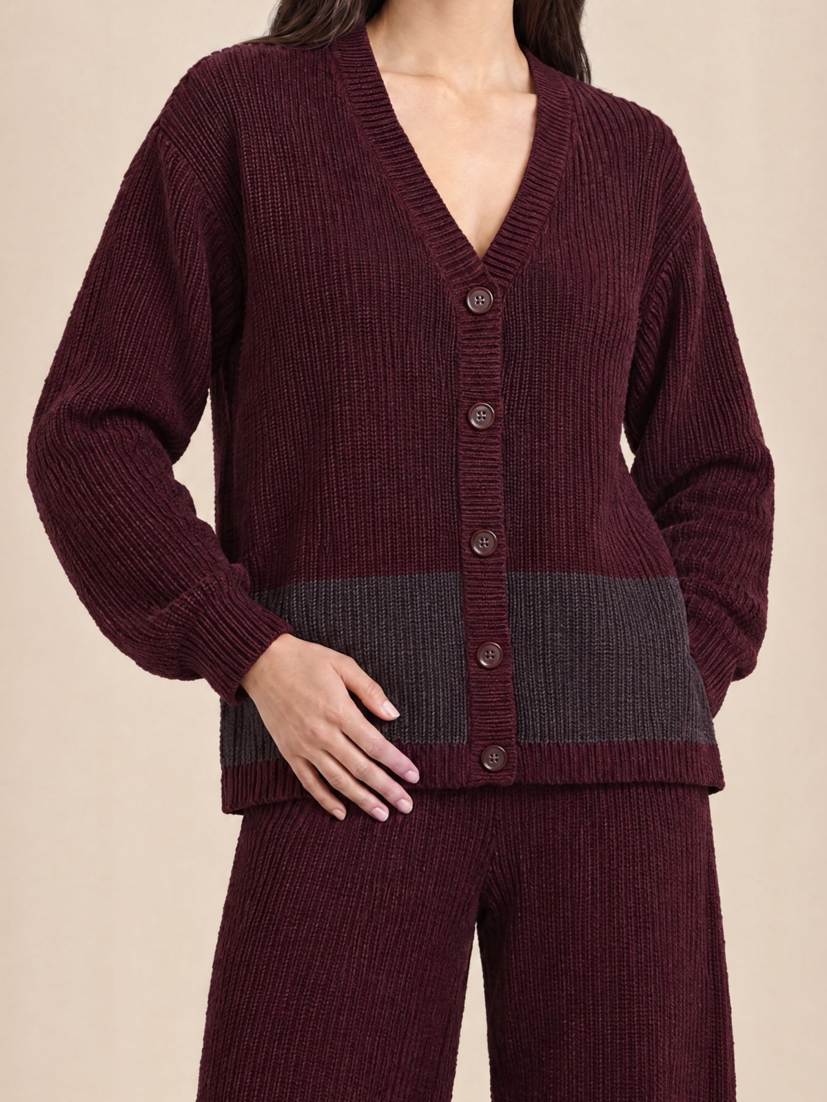 Ribbed Button Down Cardigan with Pants in Maroon