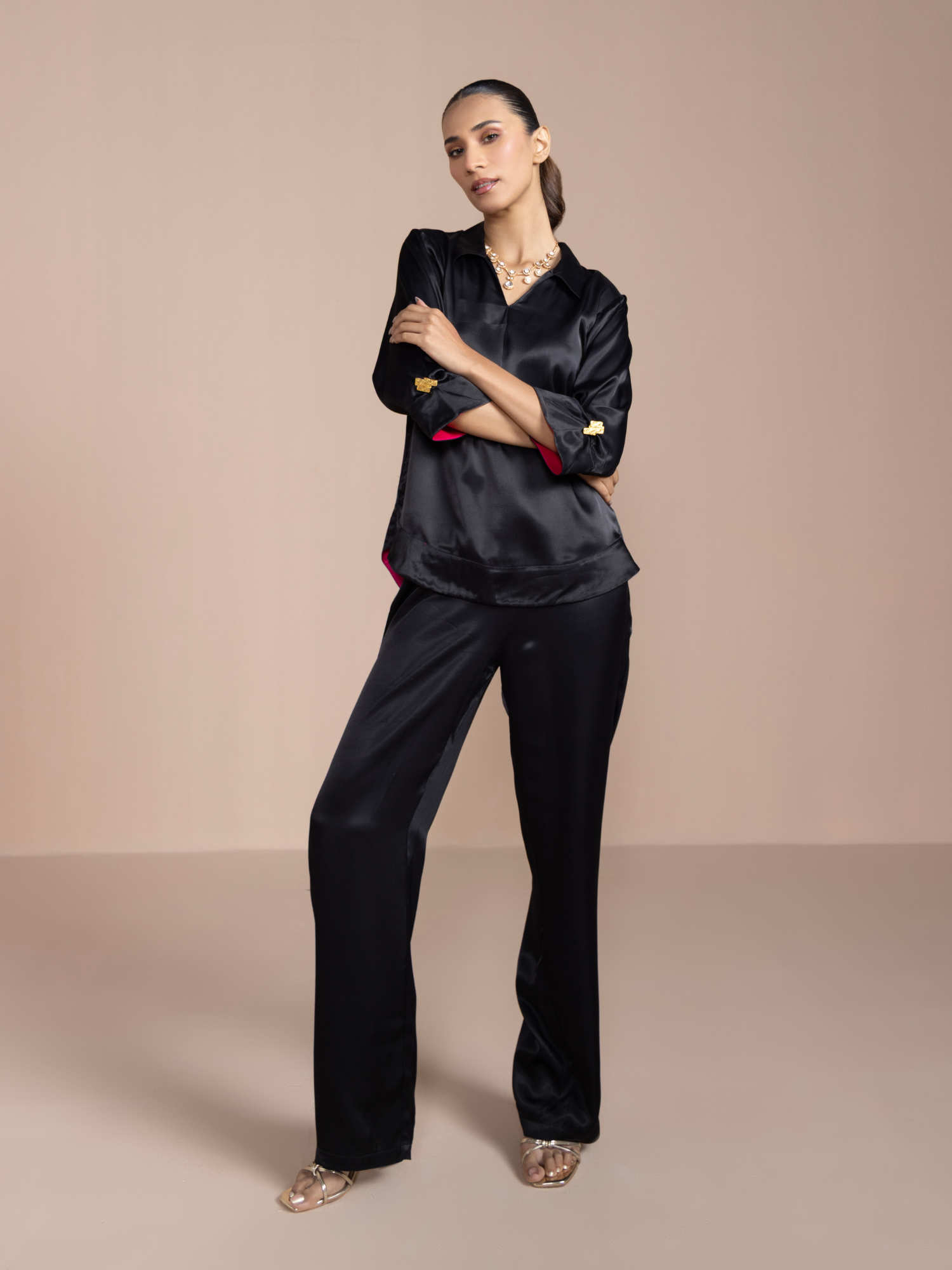 Satin Skipper Collar Top in Charcoal