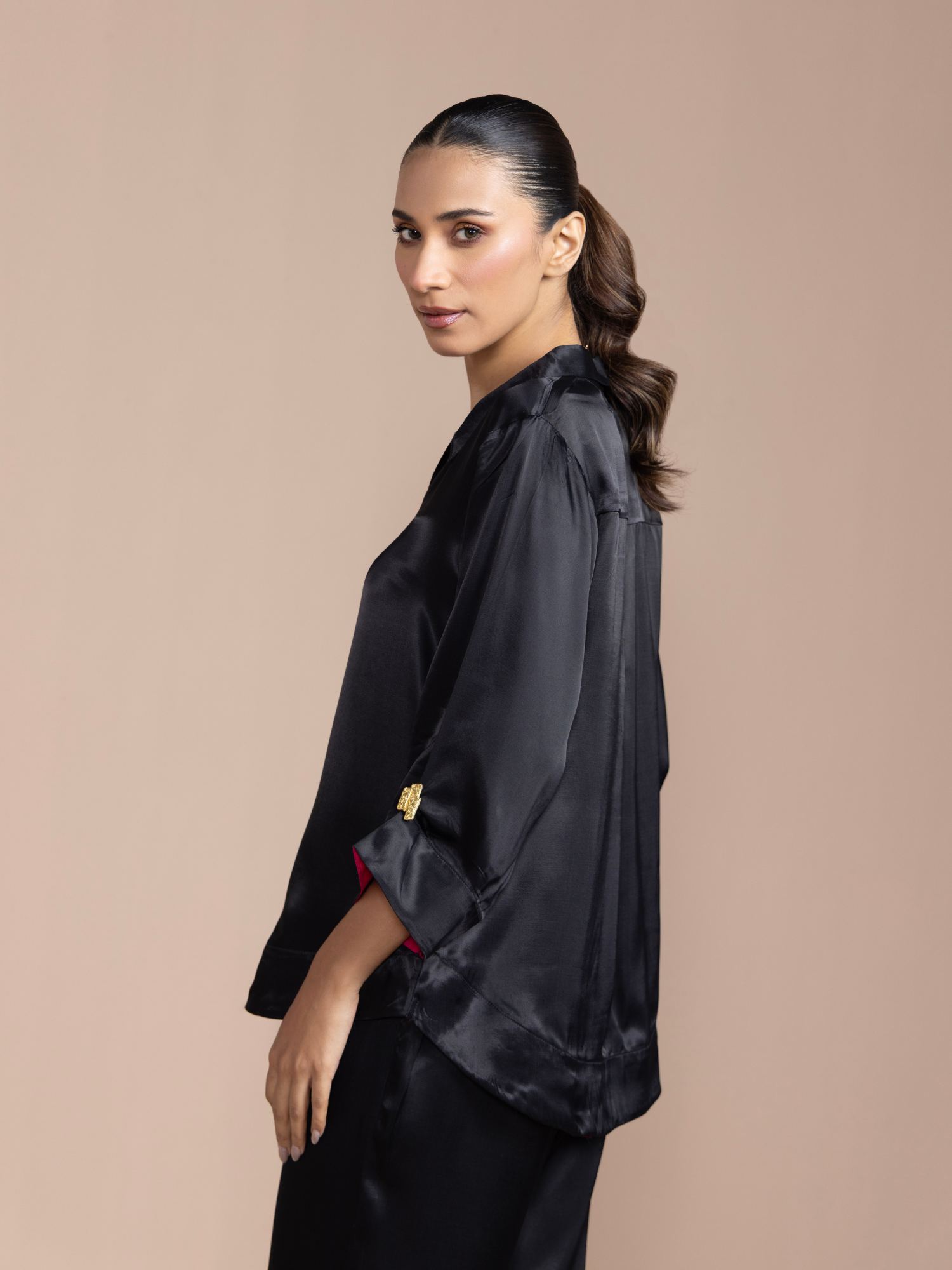 Satin Skipper Collar Top in Charcoal