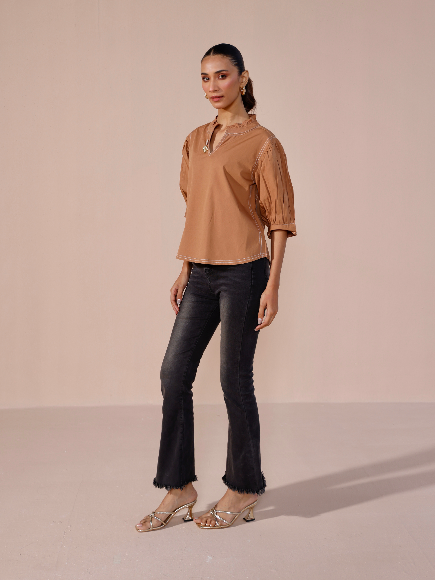 Embellished Poplin Top in Mocha