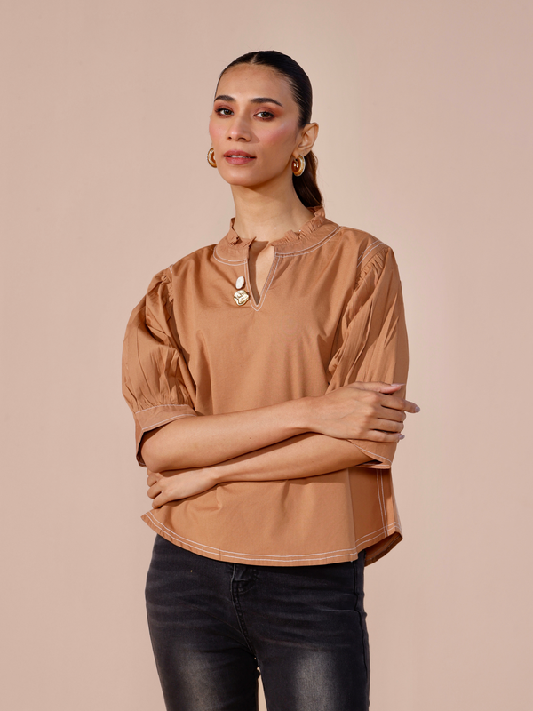 Embellished Poplin Top in Mocha