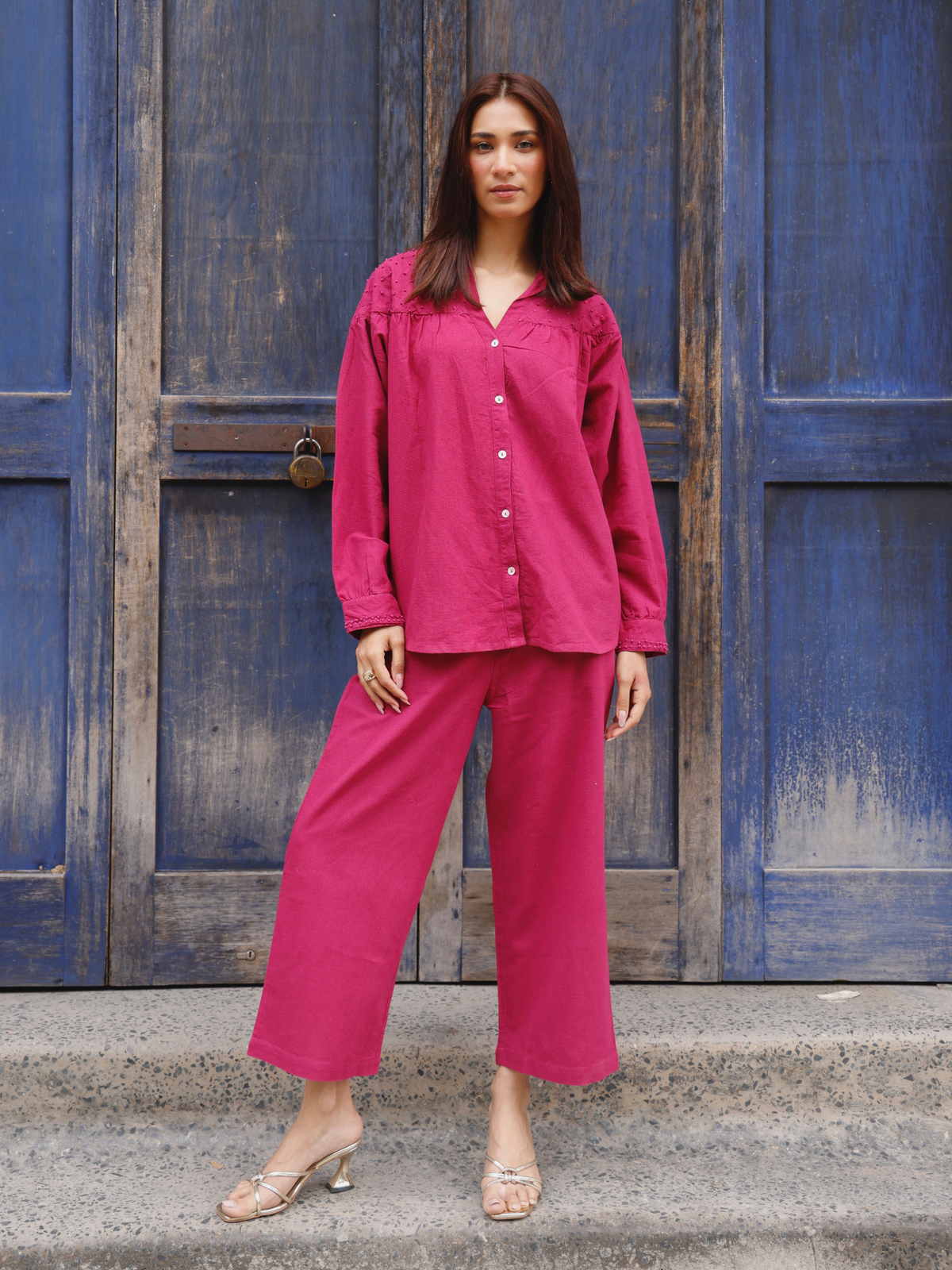 Premium Linen Co-ord Set with French Knots in Raspberry