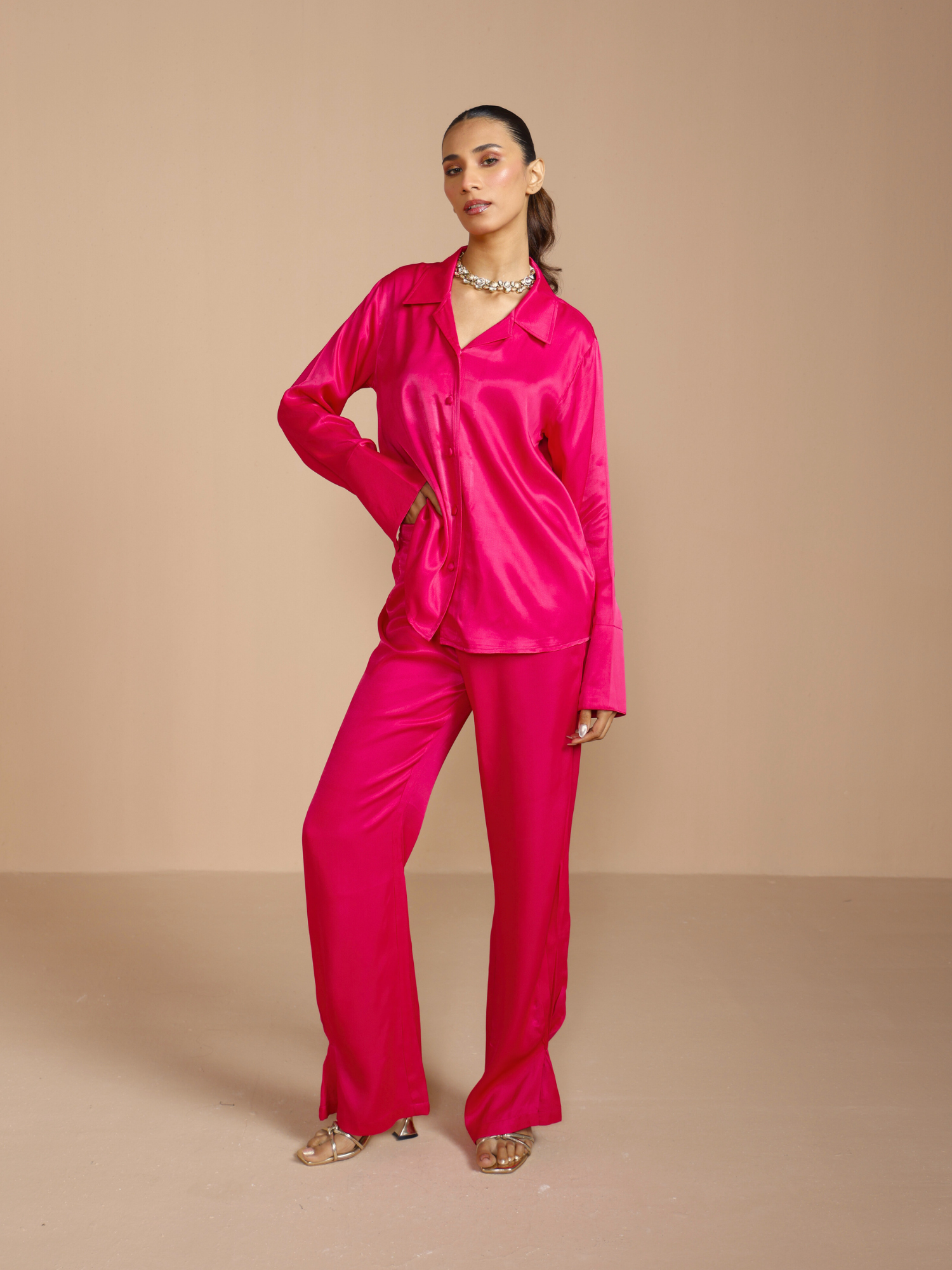 Button Embellished Satin Shirt in Rani Pink