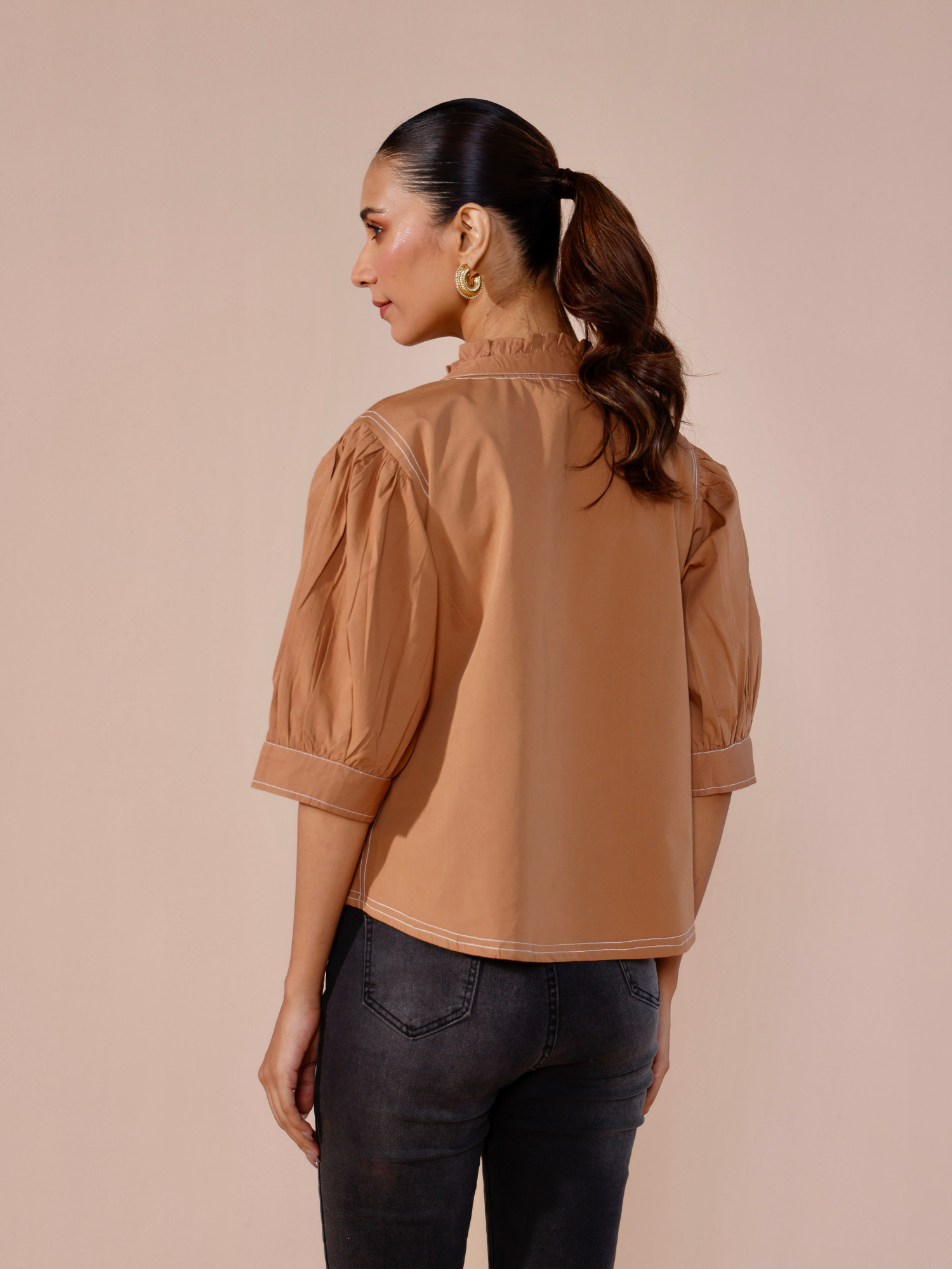 Embellished Poplin Top in Mocha