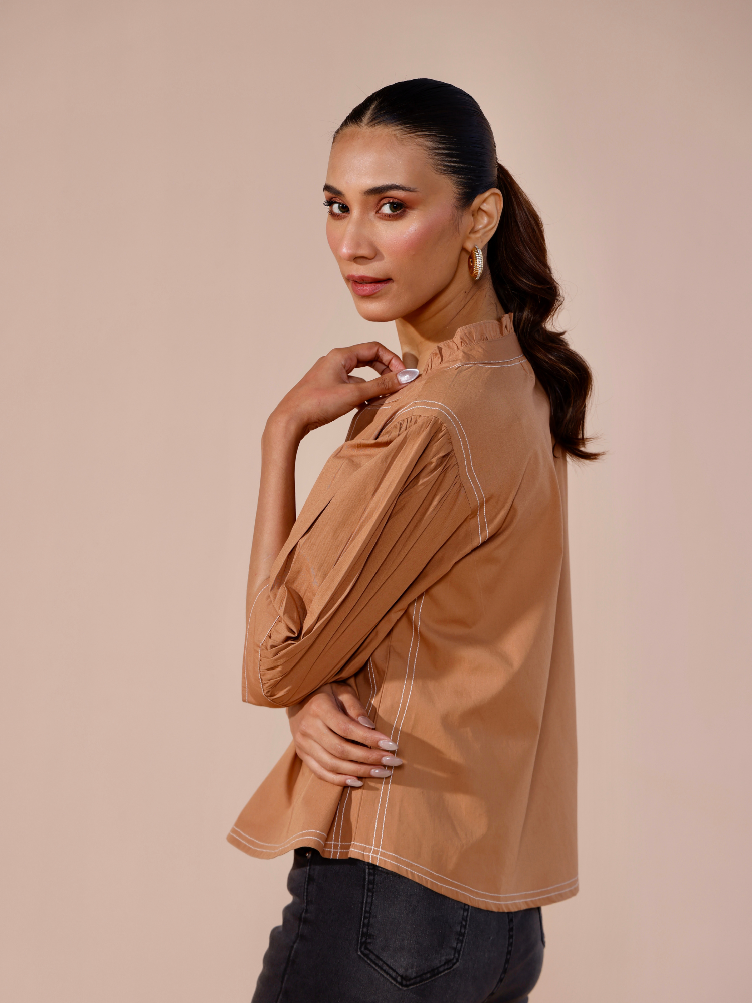 Embellished Poplin Top in Mocha
