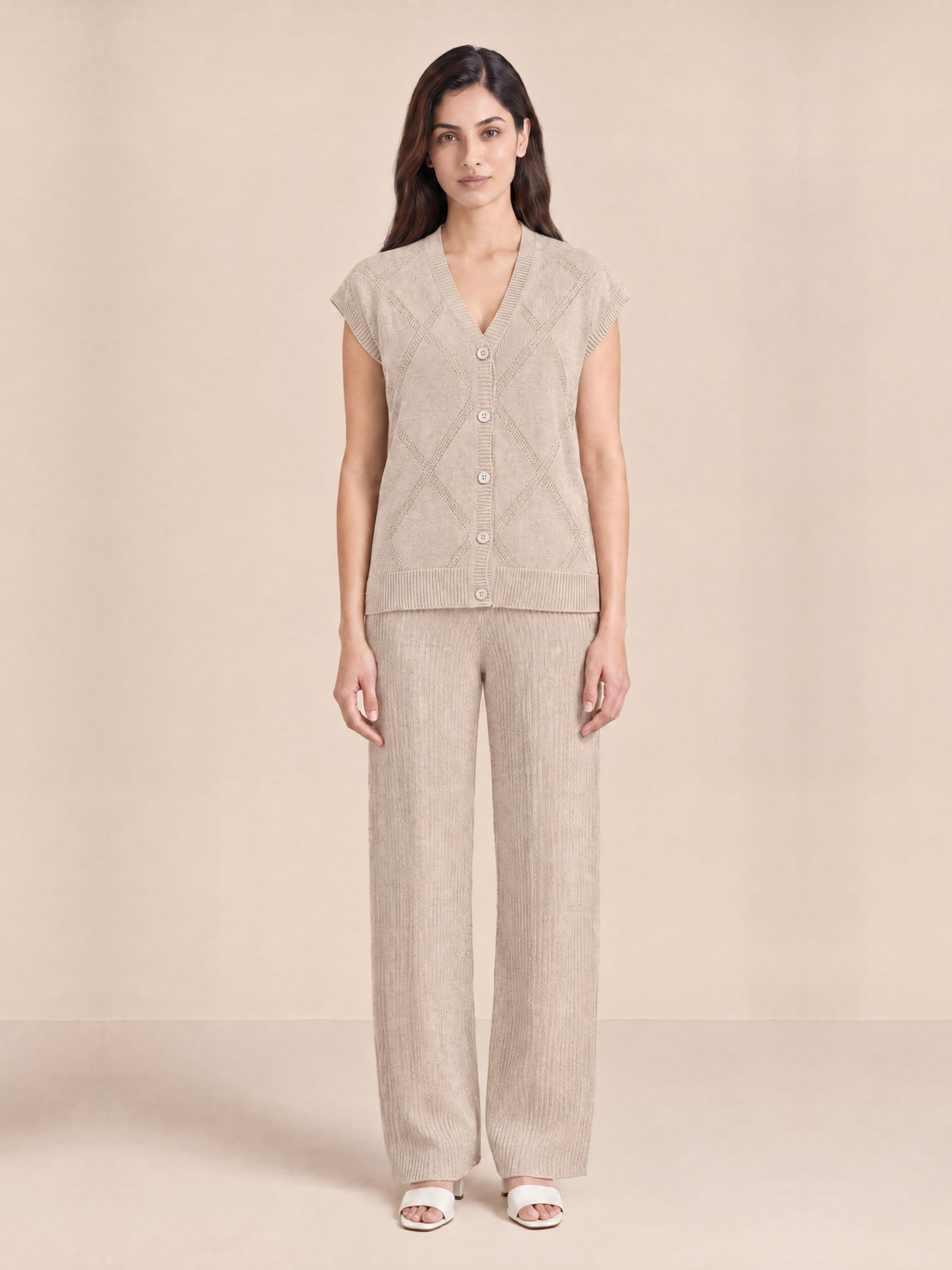Knitted Vest Cardigan with Pants in Oatmeal