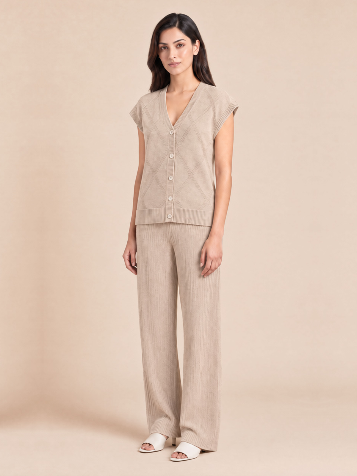 Knitted Vest Cardigan with Pants in Oatmeal