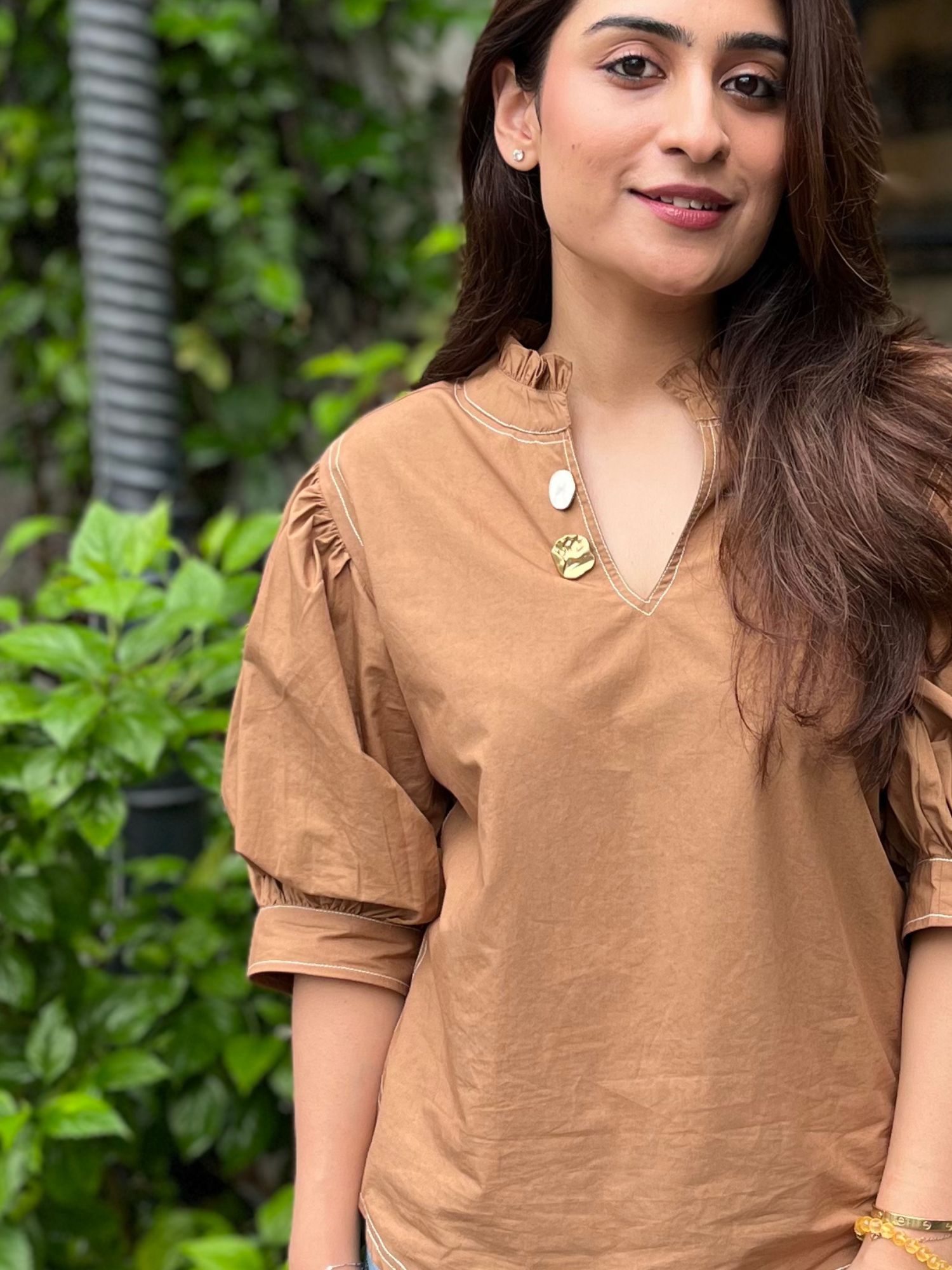 Embellished Poplin Top in Mocha