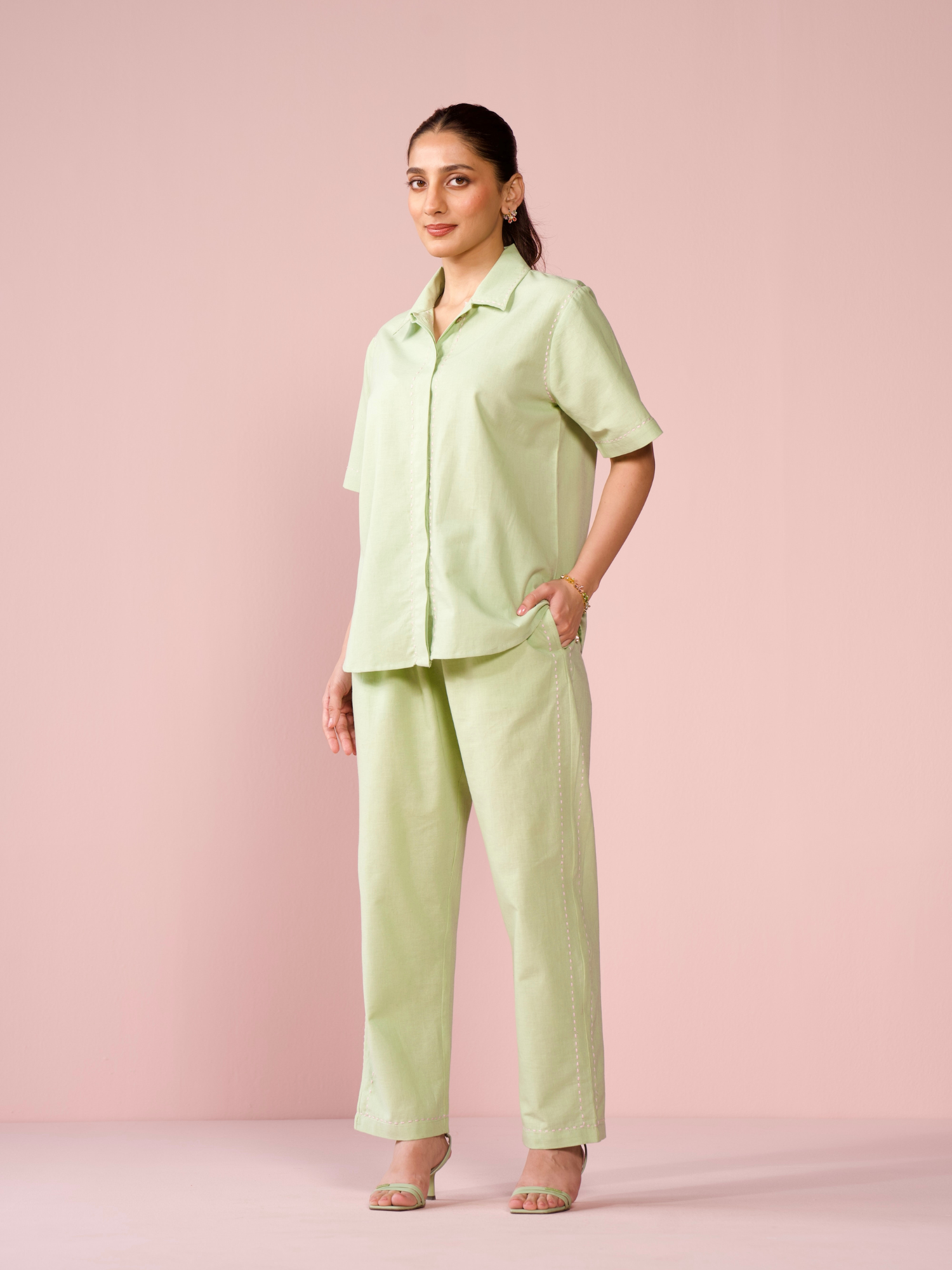 Drift Linen Blend Co-ord Set with Pants in Sage Green