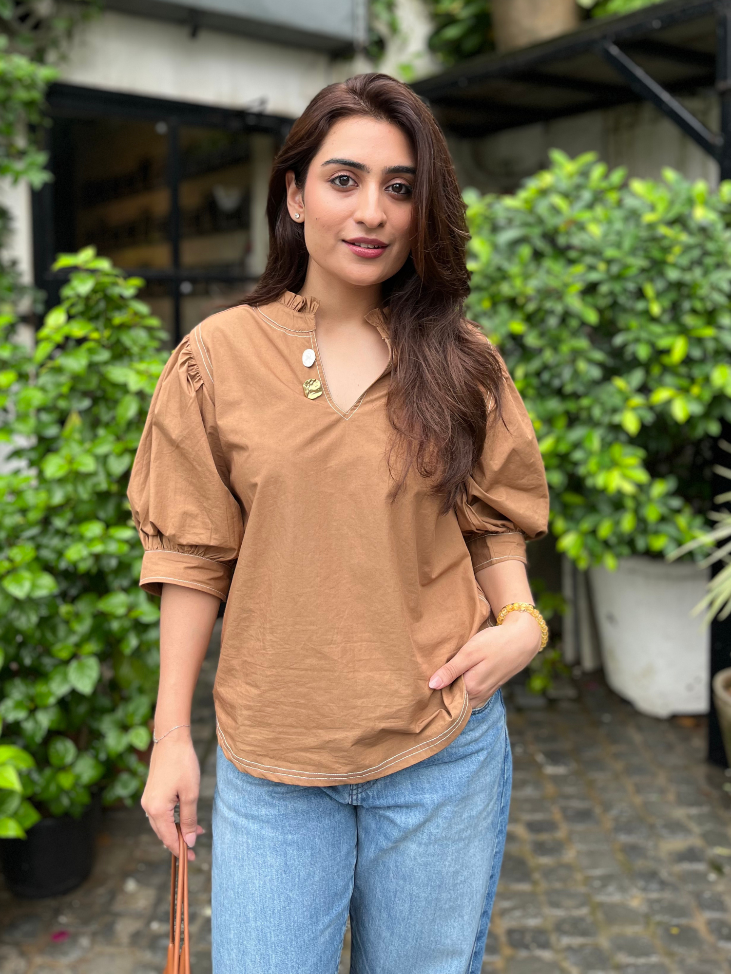 Embellished Poplin Top in Mocha