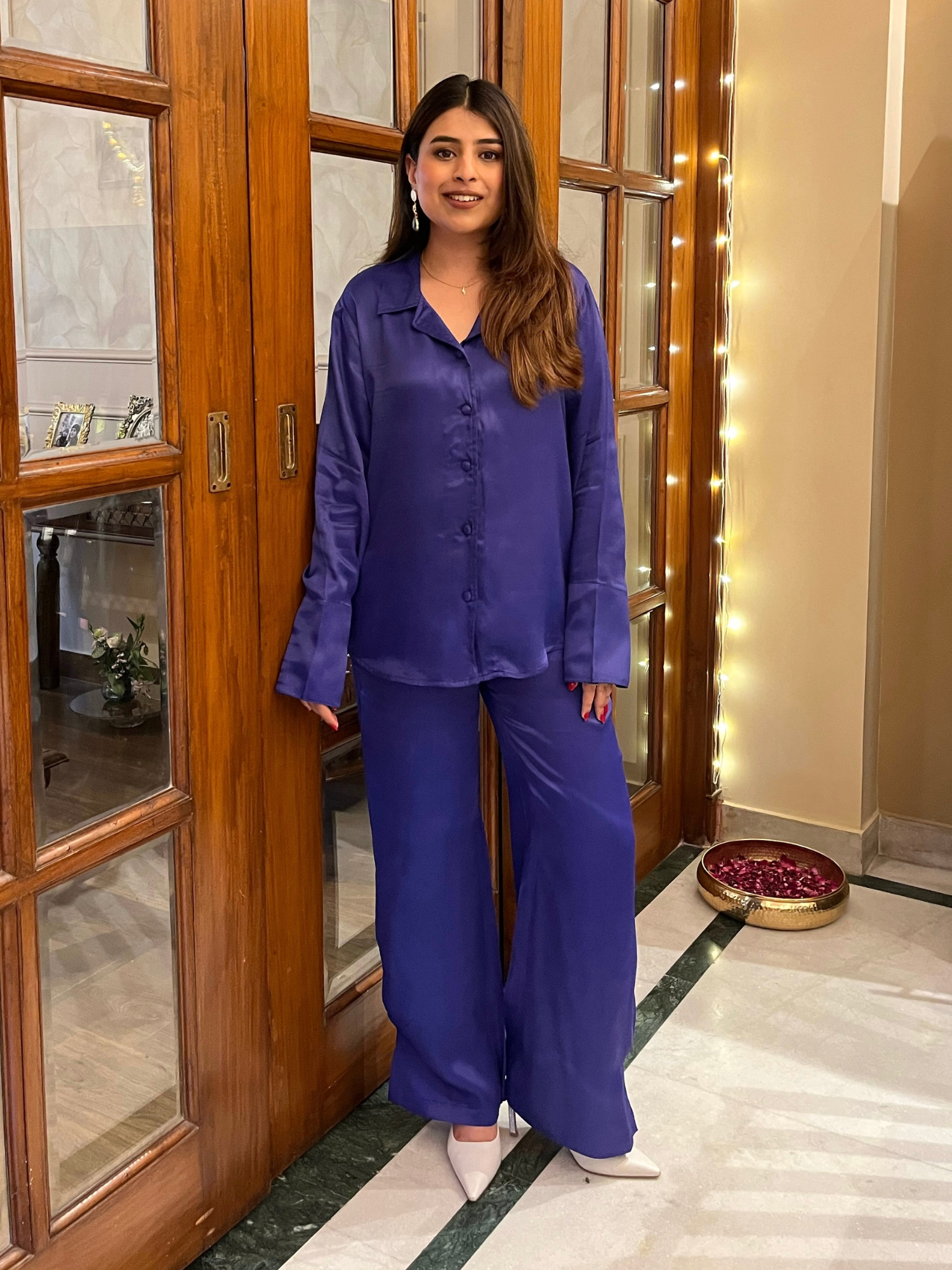 Button Embellished Satin Shirt with Pants in Mystic Blue