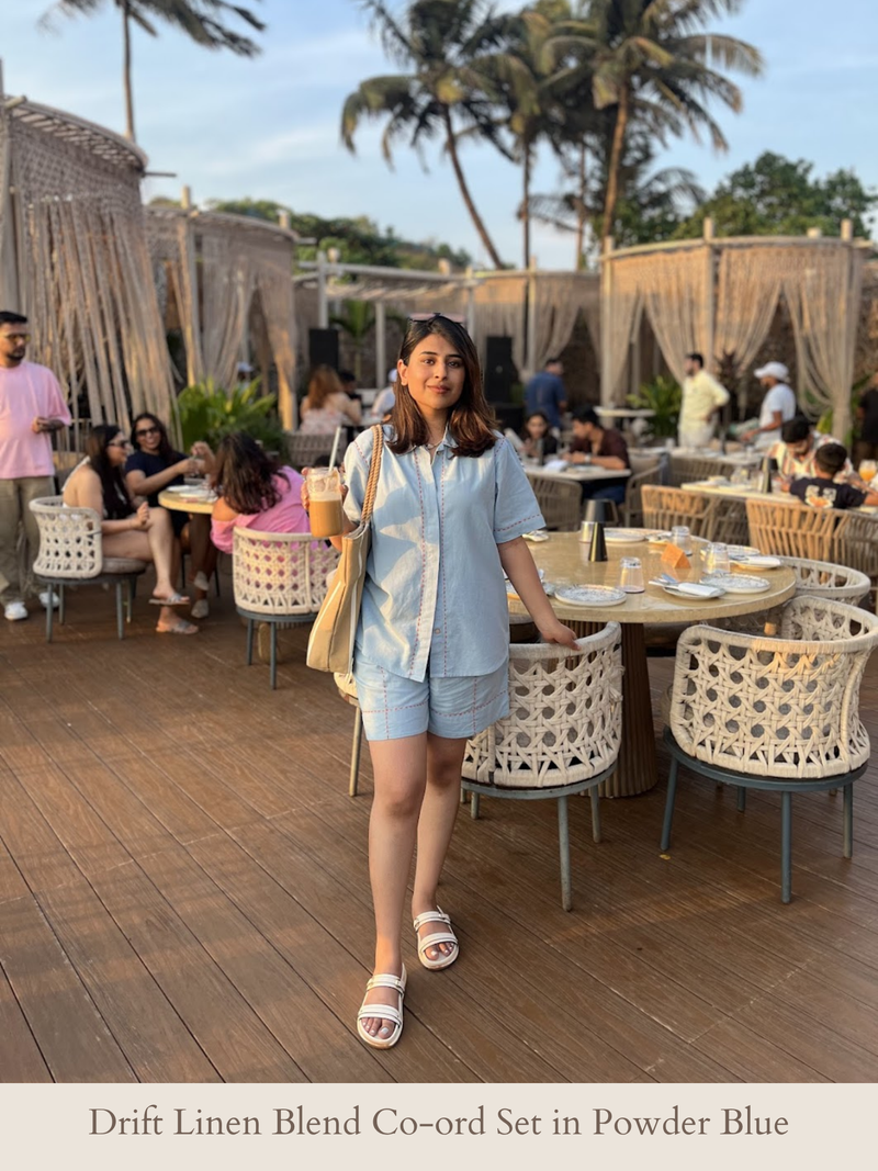 Drift Linen Blend Co-ord Set with Shorts in Powder Blue