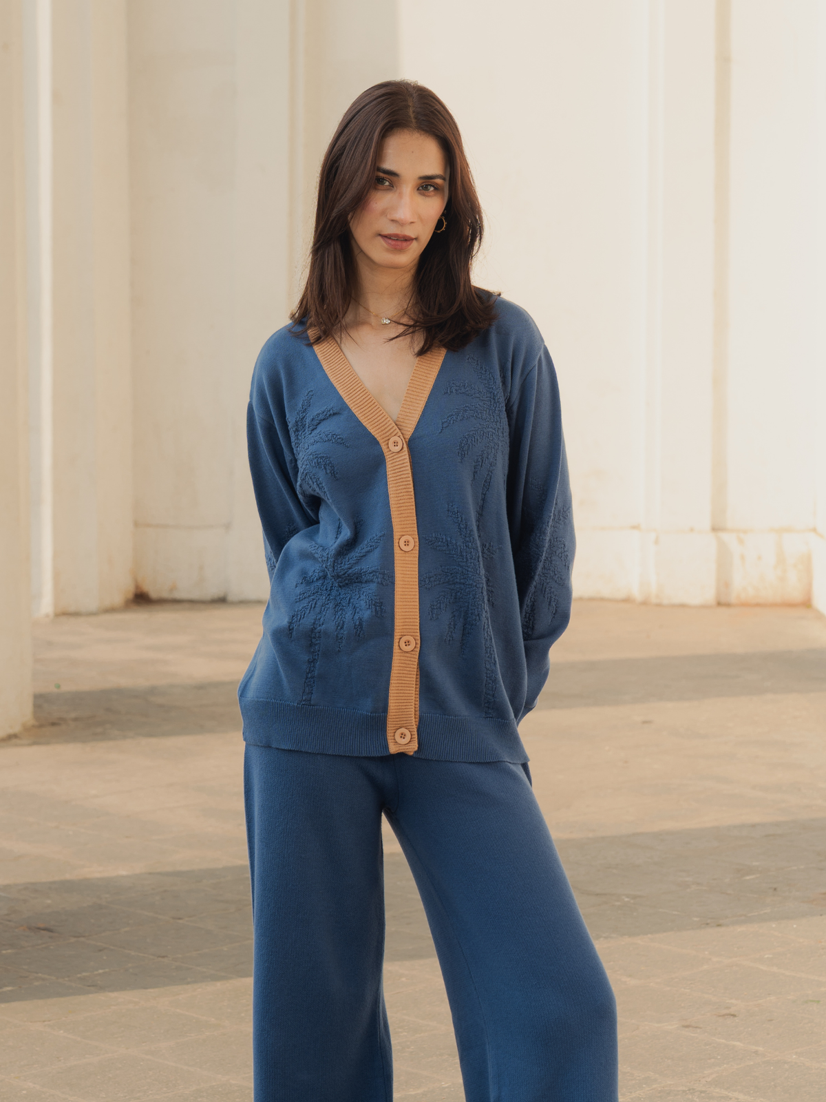 Jacquard Button Down Cardigan in Denim Blue