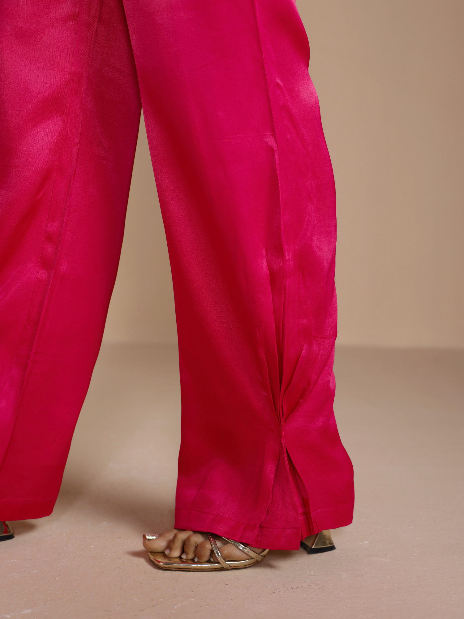 Button Embellished Satin Shirt with Pants in Rani Pink