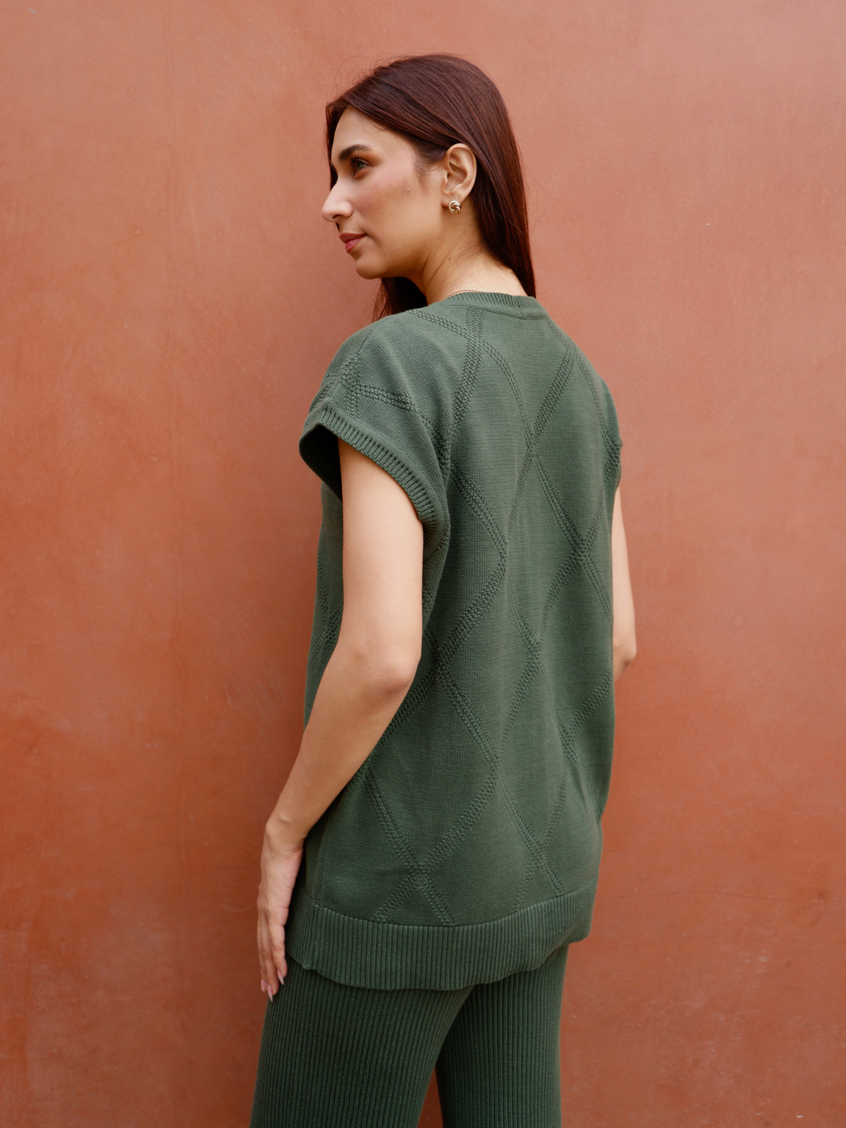 Knitted Vest Cardigan with Pants in Forest Green