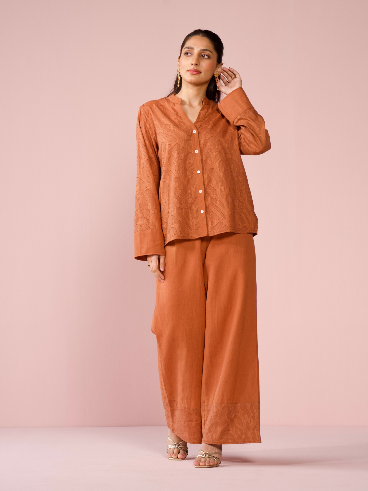 Seaside Linen Blend Jacquard Co-ord Set in Cocoa