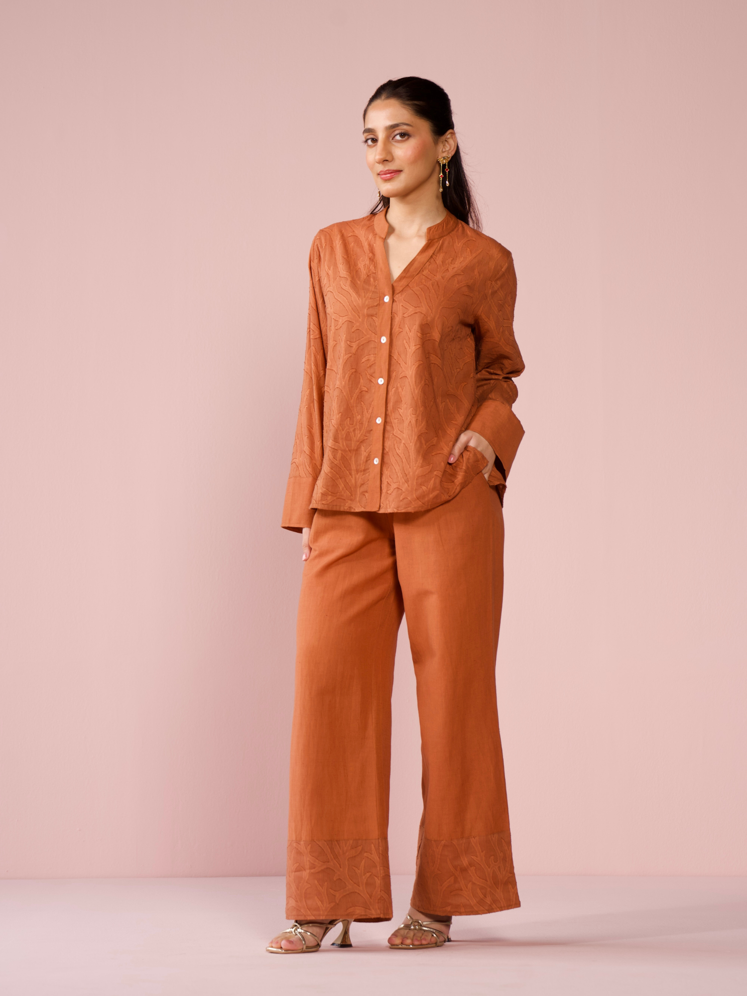 Seaside Linen Blend Jacquard Co-ord Set in Cocoa