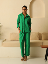 Linen Coord Set with Pants in Dark Green