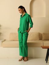 Linen Coord Set with Pants in Dark Green