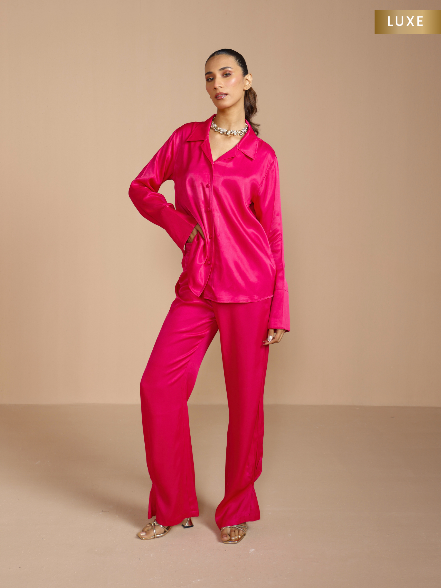Button Embellished Satin Shirt with Pants in Rani Pink