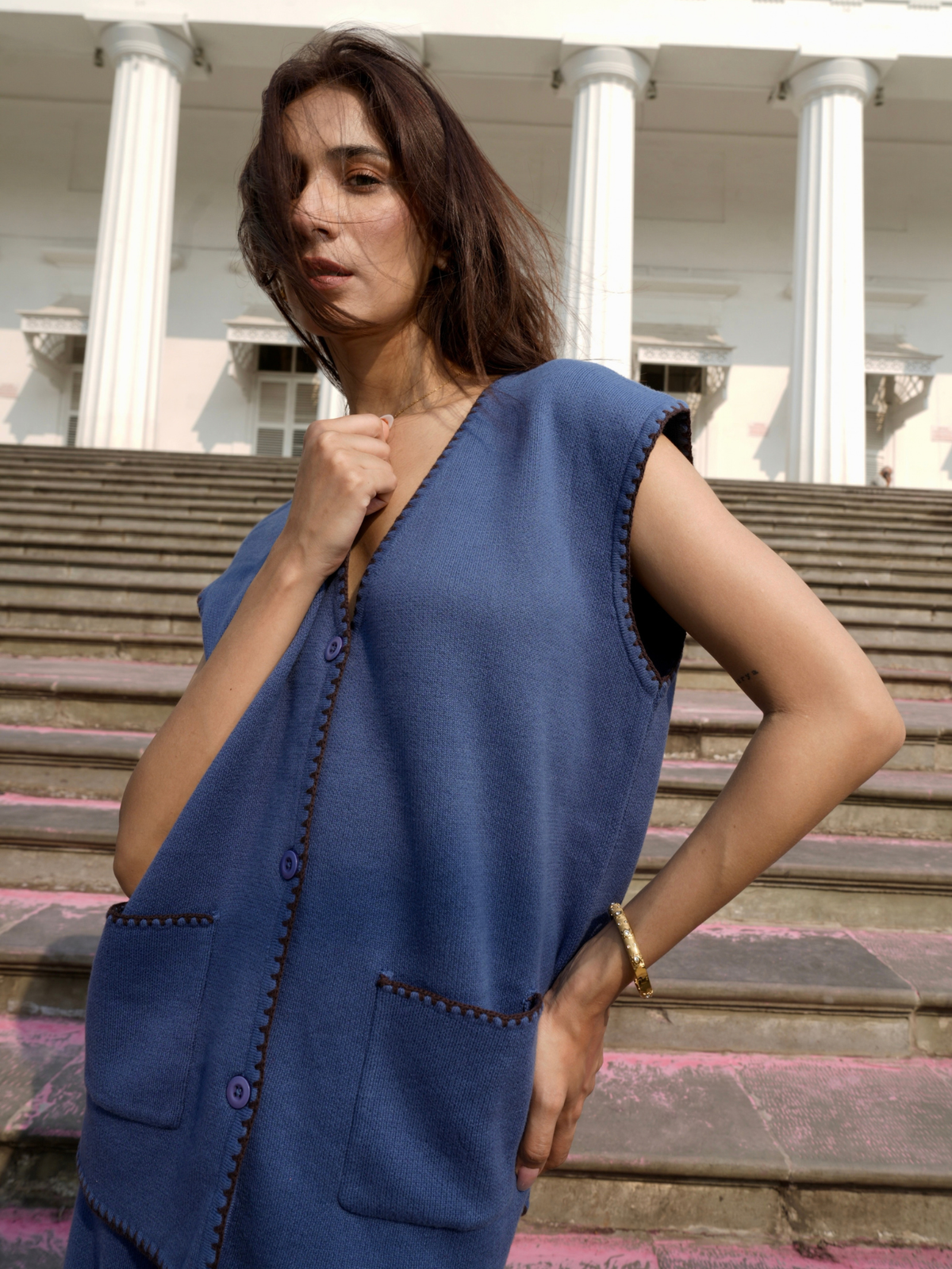 Vest Coord Set with Blanket Stitch in Denim Blue