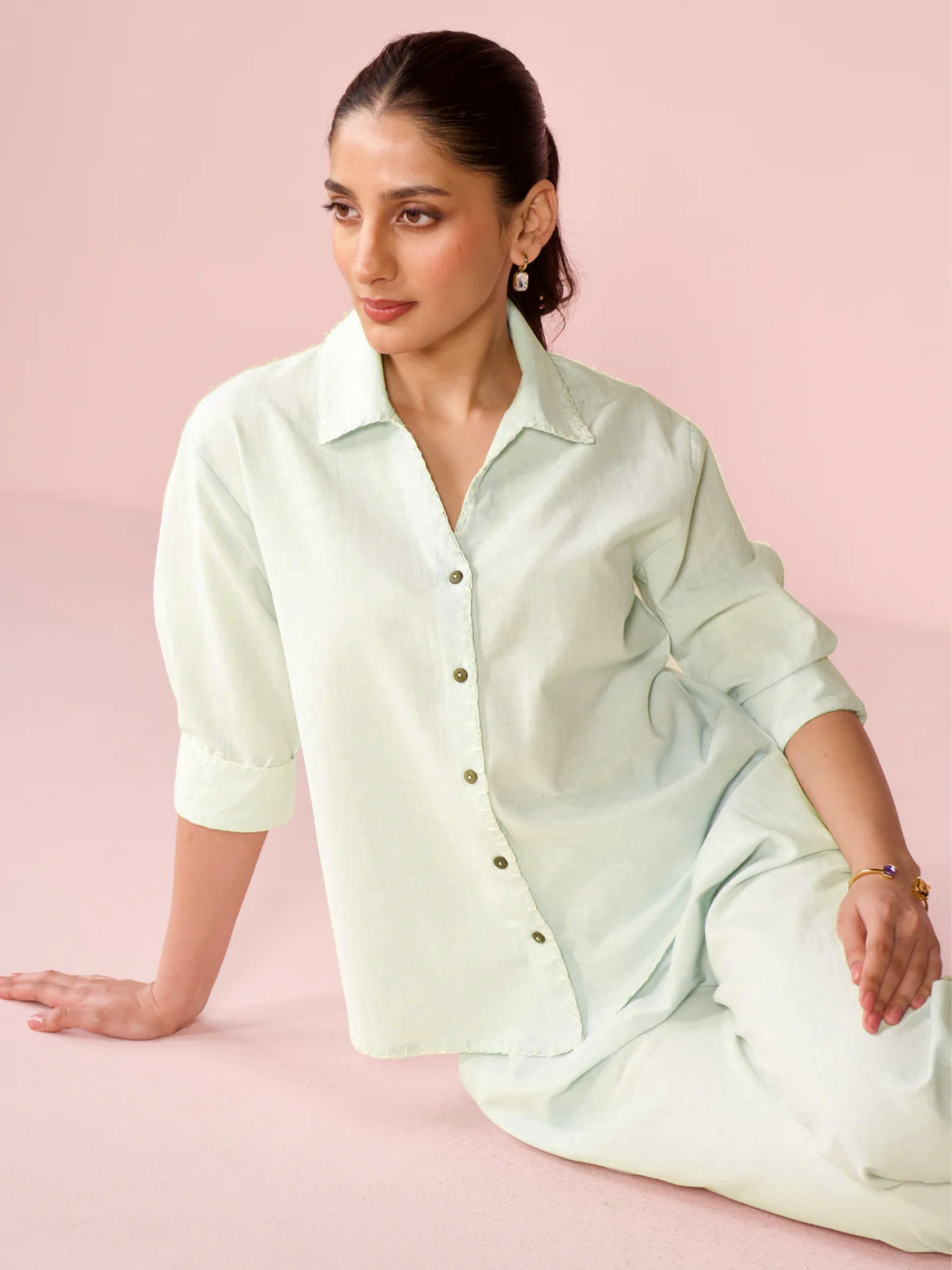 Linen Blend Relaxed Fit Co-ord Set in Mint