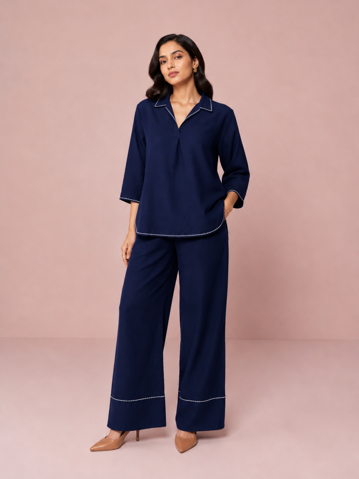 Linen Blend Skipper Collar Co-ord Set in Navy Blue