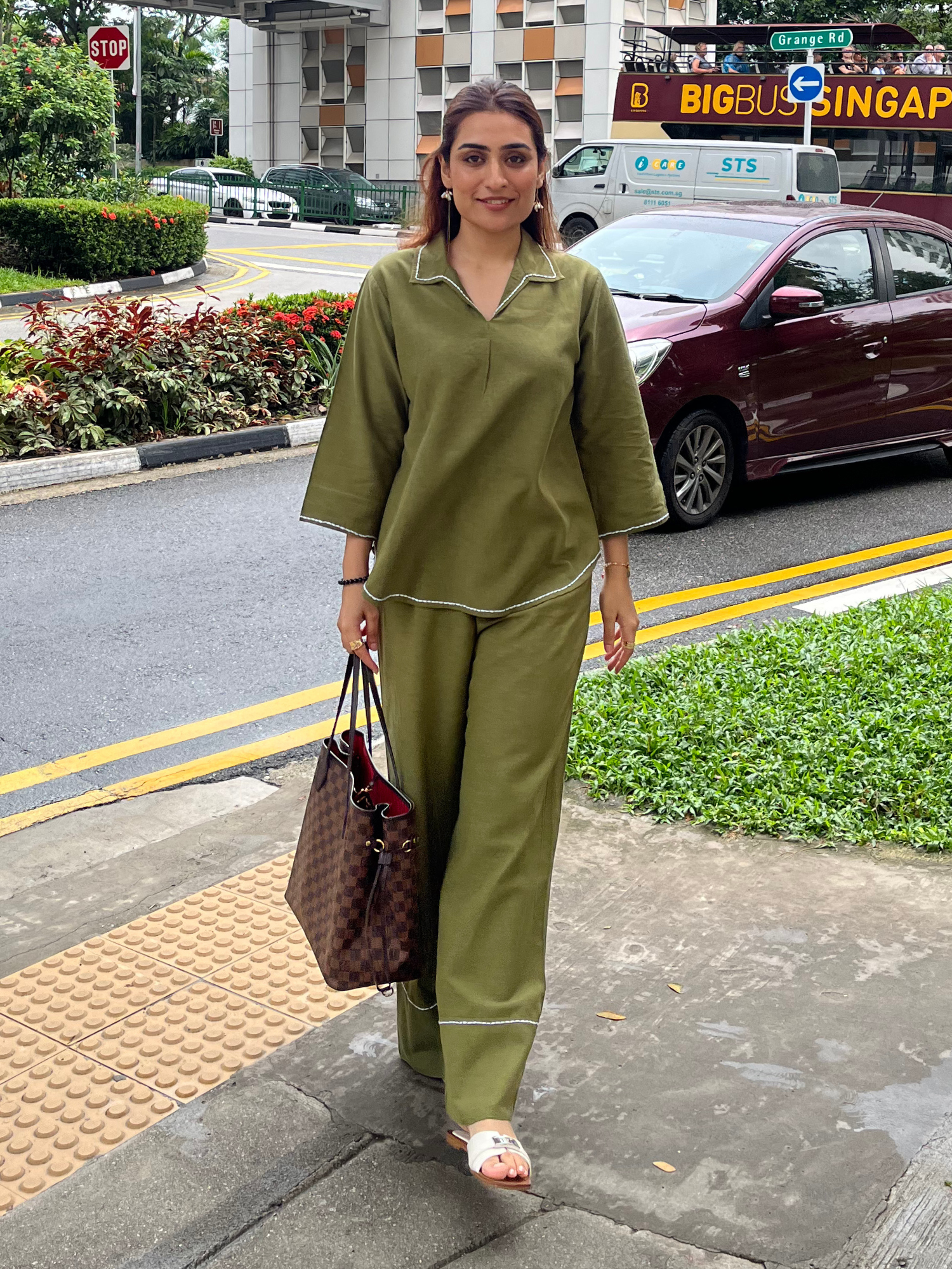 Linen Blend Skipper Collar Co-ord Set in Olive
